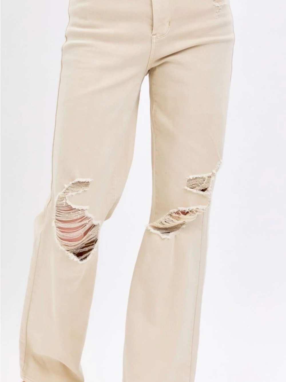Judy Blue Distressed Light Beige High-Rise Wide Leg Jeans